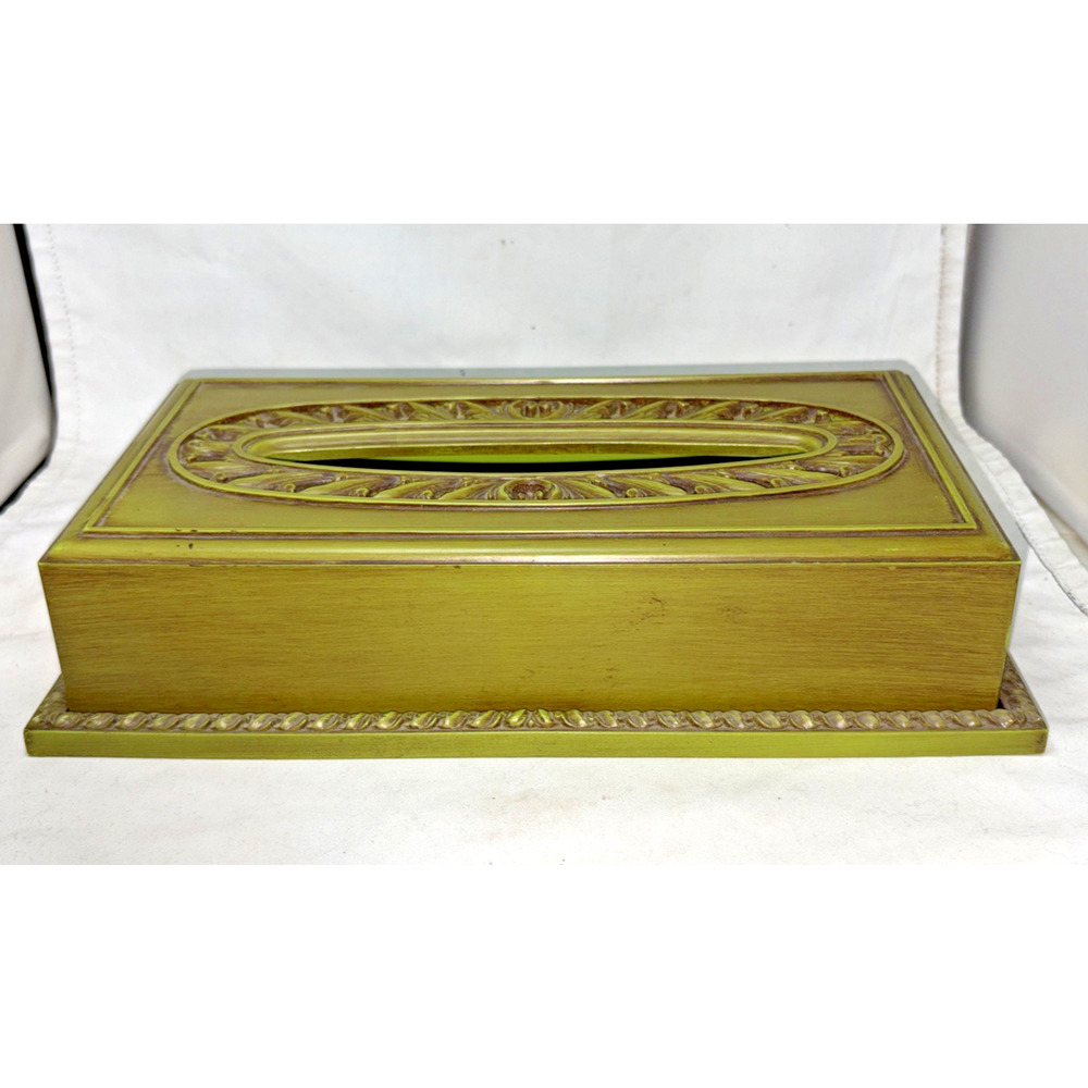 Vintage Rococo Tissue Box Holder Green Gold Mid Century Hollywood Regency Kleene